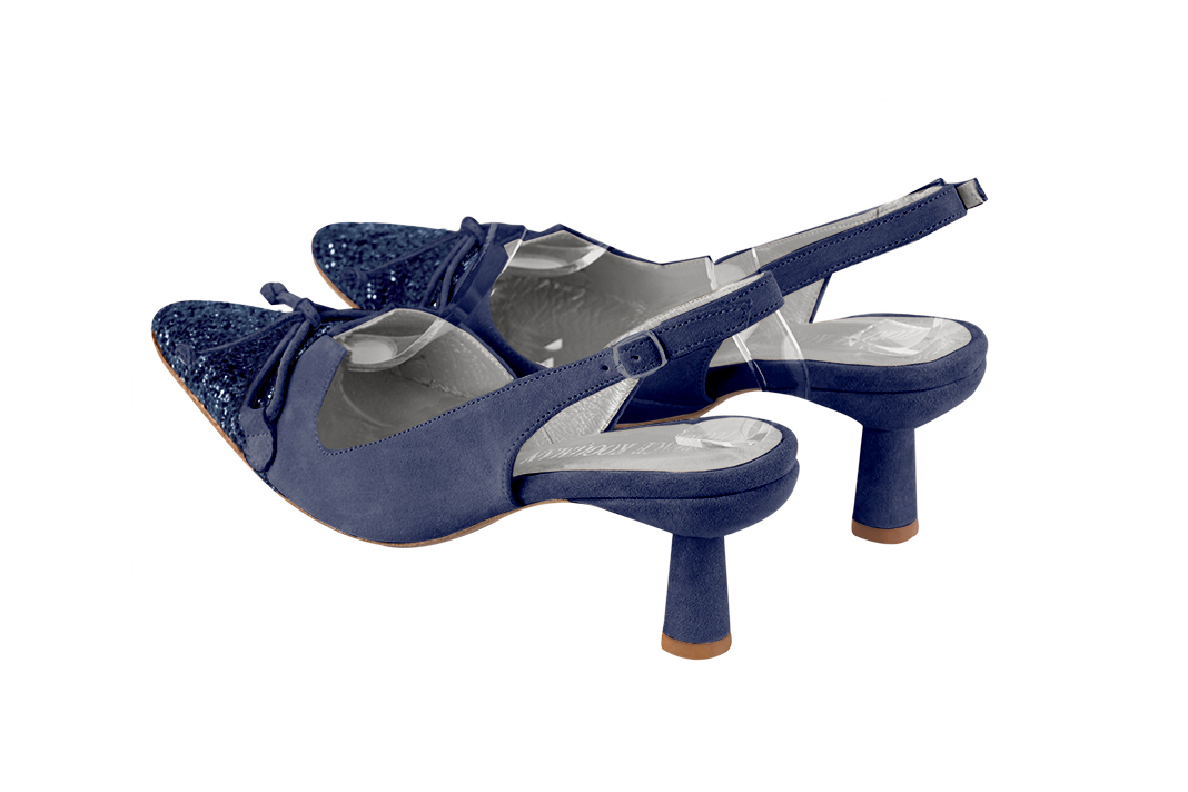Prussian blue women's open back shoes, with a knot. Tapered toe. Medium spool heels. Rear view - Florence KOOIJMAN